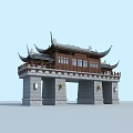Ancient Chinese Architecture Gateway With Curved Eaves Wooden Structure And Stone Base