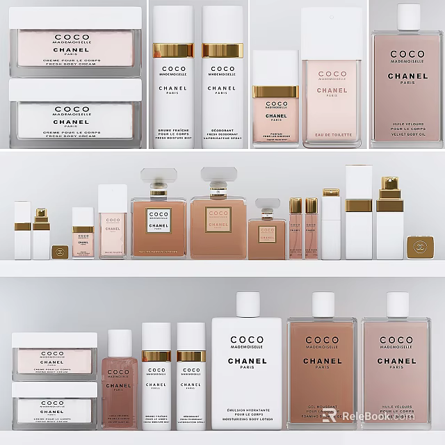 Elegant Chanel Coco Perfume And Cosmetics Collection On White Shelf 3d model 