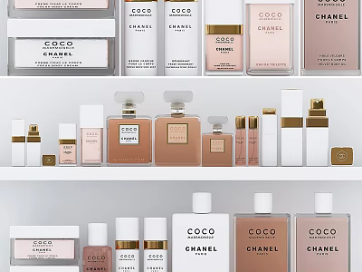Elegant Chanel Coco Perfume And Cosmetics Collection On White Shelf 3d model