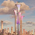Illuminated Landscape Sculpture With Three Towers Olympic Rings And City Water Reflection