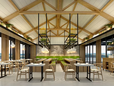 Modern Restaurant Interior With Open Kitchen Design And Wooden Ceiling Beams 3d model