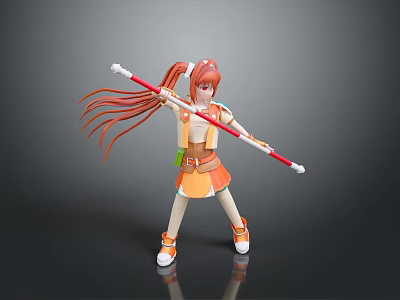 Game Movie Character With Red Hair Twin Ponytails Orange White Outfit Holding Long Staff Weapon 3d model