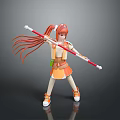 Game Movie Character With Red Hair Twin Ponytails Orange White Outfit Holding Long Staff Weapon