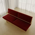 Red Padded Two Seater Sofa With Wooden Frame In Bright Room With White Curtains