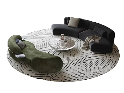 Green And Black Sofa With Round Coffee Table On Geometric Pattern Rug 3d model