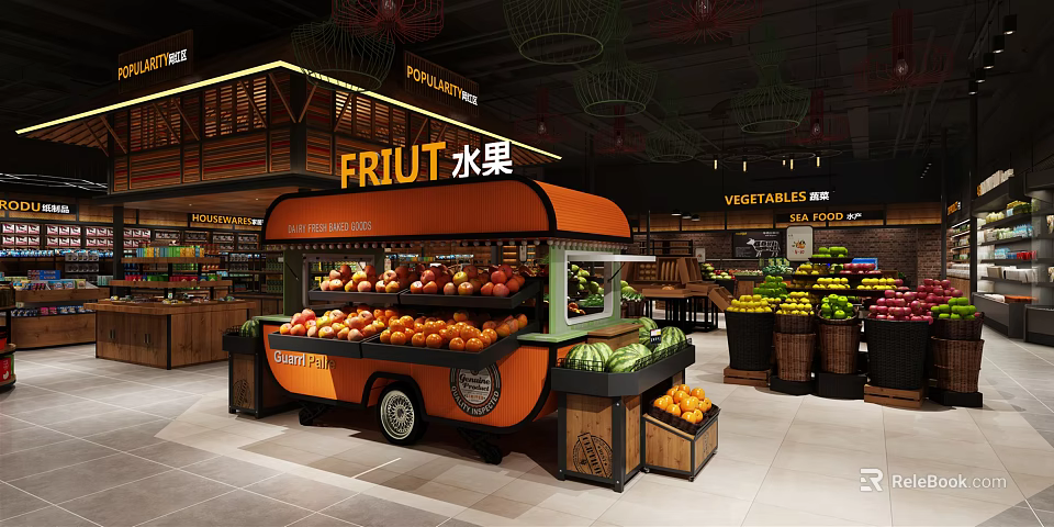 Supermarket Fresh Fruit Cart With Assorted Fruits And Vegetable Display Section 3d model 
