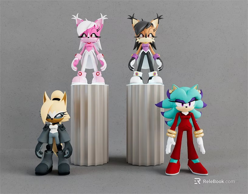 Colorful Stylish Dolls With Various Outfits Standing On Cylindrical Stands 3d model 