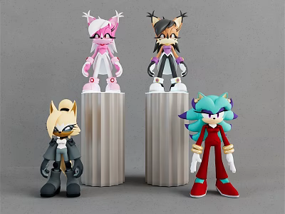 Colorful Stylish Dolls With Various Outfits Standing On Cylindrical Stands 3d model