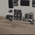 Professional Audio Equipment With Various Stage Speakers Lighting Fixtures And Amplifiers