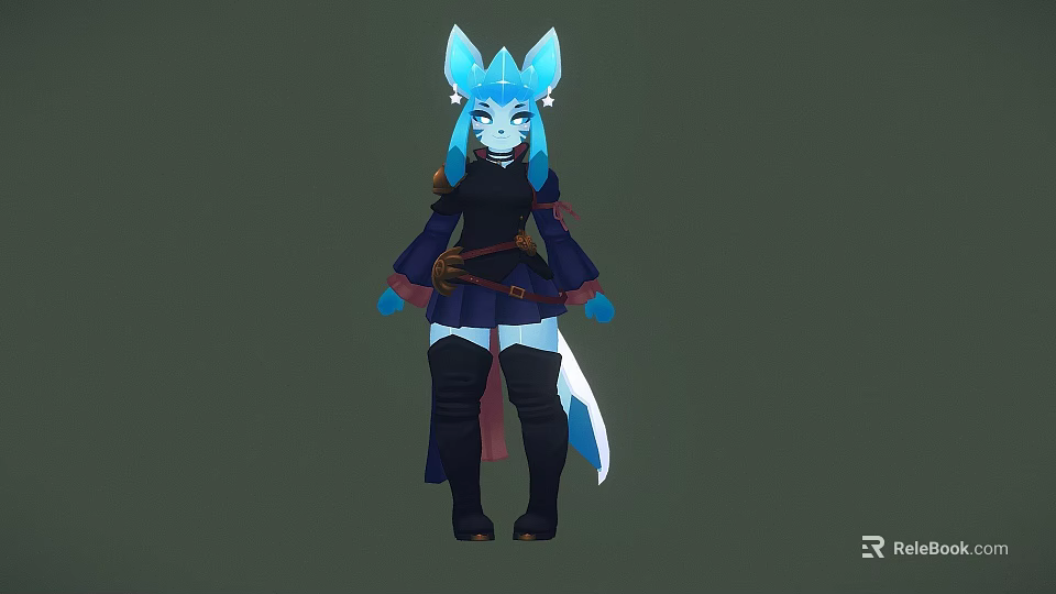 Anime Style Game Character With Blue Fox Ears Dark Outfit And Tail 3d model 