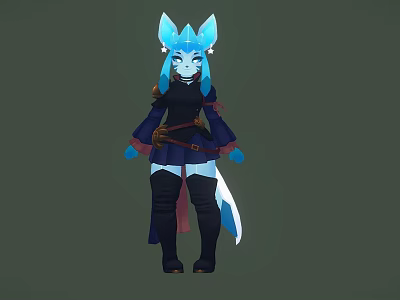 Anime Style Game Character With Blue Fox Ears Dark Outfit And Tail 3d model