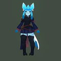 Anime Style Game Character With Blue Fox Ears Dark Outfit And Tail