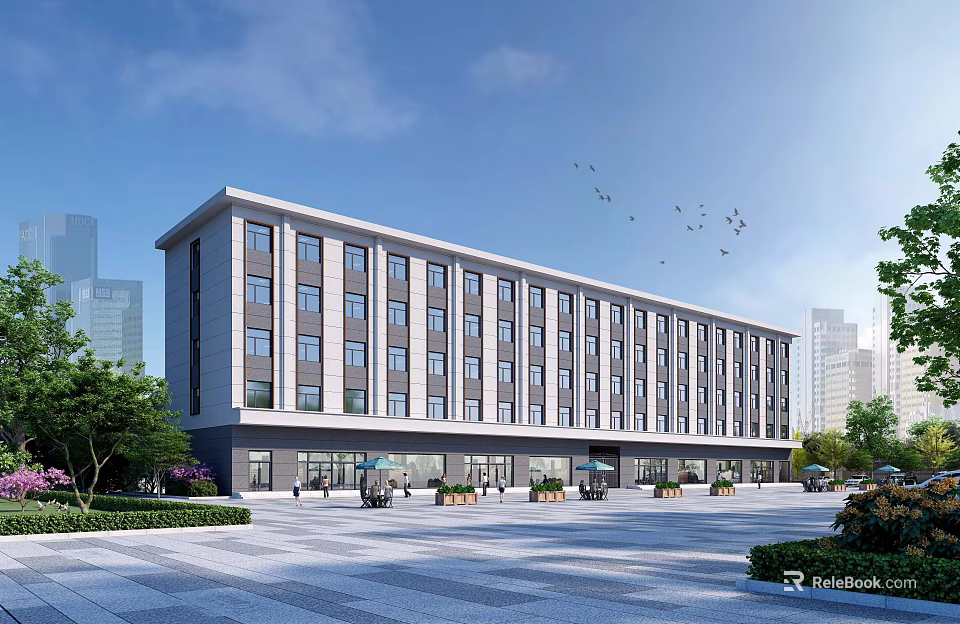 Modern Multi Storey Office Building Exterior With Glass Windows Plaza Greenery Trees And Birds 3d model 