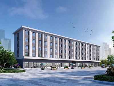 Modern Multi Storey Office Building Exterior With Glass Windows Plaza Greenery Trees And Birds 3d model