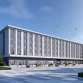 Modern Multi Storey Office Building Exterior With Glass Windows Plaza Greenery Trees And Birds