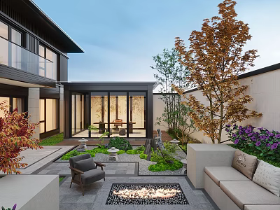 Modern Garden Landscape With Outdoor Seating Fire Pit Colorful Trees And Purple Flowers 3d model