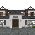 Traditional Chinese Ancient Architecture With Symmetrical Gate Overhanging Eaves And Wooden Door