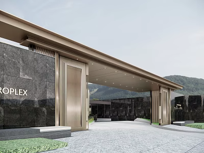 ROPPLEX Building Entrance Gate With Black Stone Wall And Golden Frame Covered Roof 3d model