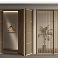 Modern Folding Doors With Wooden Lattice Design In Interior Featuring Wall Art And Plant