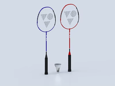 Sports Equipment High Quality Badminton Rackets With Blue Red Frames And Shuttlecock 3d model
