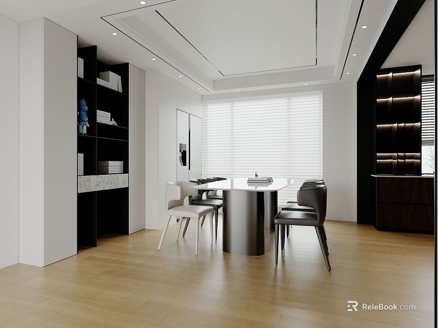 Modern Restaurant Interior with White Black Wooden Floors Round Dining Table Chairs Bookshelves Windows Blinds 3d model 