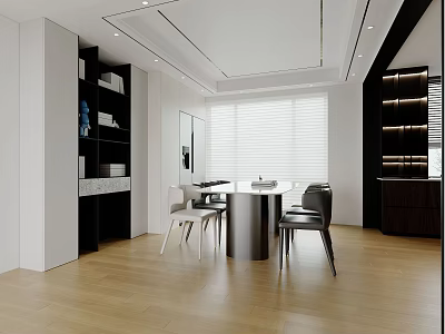 Modern Restaurant Interior with White Black Wooden Floors Round Dining Table Chairs Bookshelves Windows Blinds 3d model