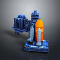Detailed Orange Rocket Model With Blue Launch Pad Structure And Miniature Design 3d model