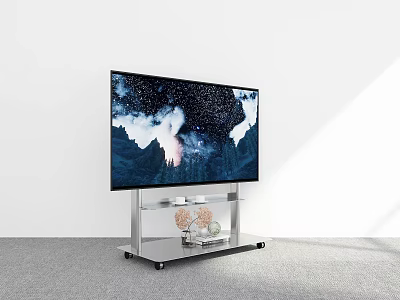 Modern TV On Silver Wheeled Stand With Decorations And Starry Mountain 3d model