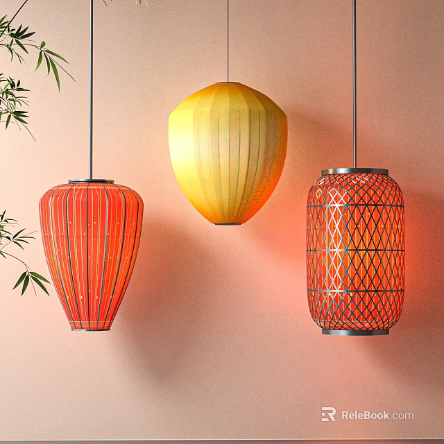 Colorful Hanging Lanterns With Red Striped Yellow And Lattice Patterns On Pink Wall 3d model 