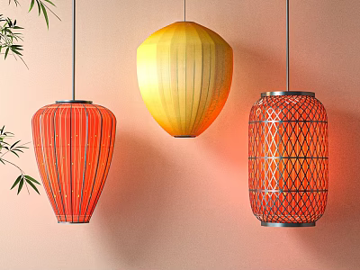 Colorful Hanging Lanterns With Red Striped Yellow And Lattice Patterns On Pink Wall 3d model
