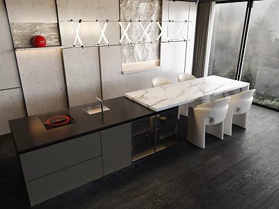 Modern Bar Counter Featuring White Marble Top White Stools And Large Windows 3d model