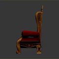 Luxurious Red Leather Single Chair With Carved Wooden Armrests And Ornate Backrest