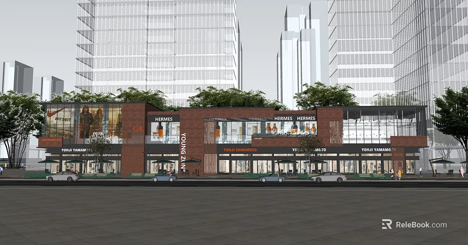Modern Shopping Street With Red Brick Buildings Glass Facades Shops And High Rise Background 3d model 