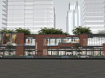 Modern Shopping Street With Red Brick Buildings Glass Facades Shops And High Rise Background 3d model