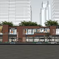 Modern Shopping Street With Red Brick Buildings Glass Facades Shops And High Rise Background