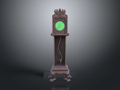 Vintage Ornate Wooden Grandfather Clock With Green Dial And Pendulum Base 3d model
