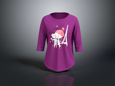 Purple Long Sleeve T Shirt With Cartoon Little Girl And Eiffel Tower Design 3d model
