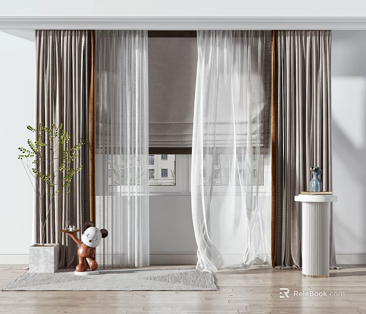 Double Layer Dark Curtains with Sheer Panels in Bright Room with Green Plant and Decor 3d model 