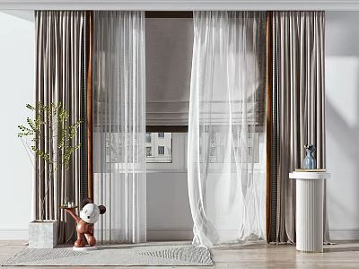 Double Layer Dark Curtains with Sheer Panels in Bright Room with Green Plant and Decor 3d model