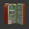 Vintage Red Refrigerator With Open Door And Interior Storage Shelves
