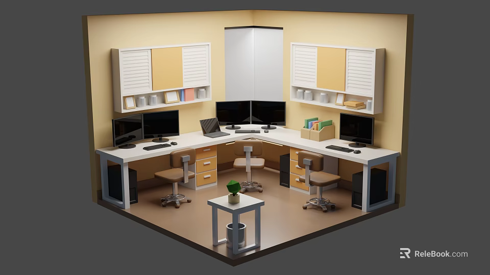 Modern Office Workspace With L Shaped Desk Multiple Monitors Office Chairs Storage Cabinets And Plant 3d model 