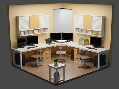 Modern Office Workspace With L Shaped Desk Multiple Monitors Office Chairs Storage Cabinets And Plant 3d model