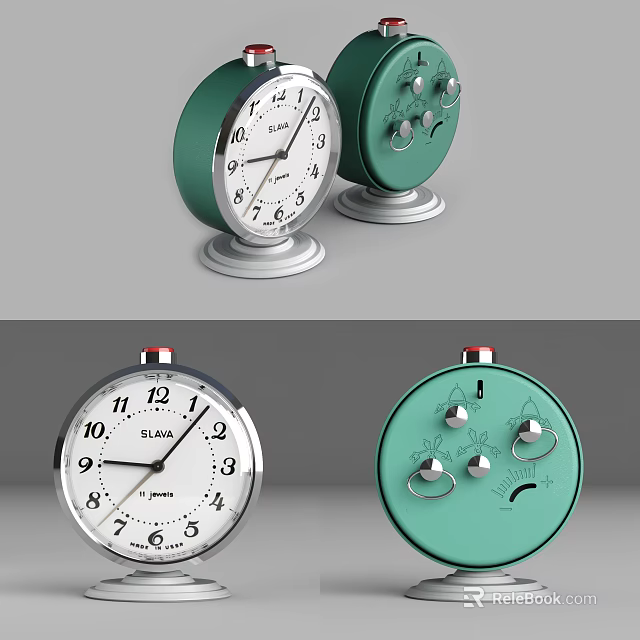 SLAVA Green Alarm Clock with White Dial Silver Base and Control Buttons 3d model 