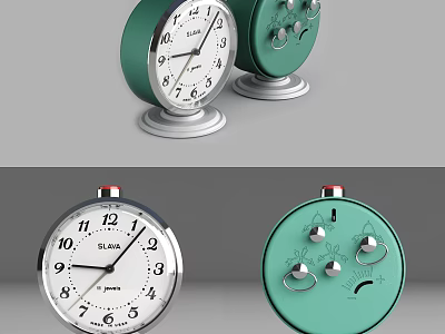 SLAVA Green Alarm Clock with White Dial Silver Base and Control Buttons 3d model