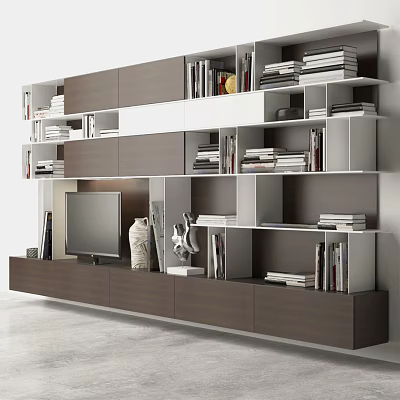 Modern TV Stand Cabinet with Multiple Storage Shelves and Decorative Items for Living Room 3d model