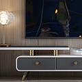 Modern TV Stand with Wooden Wall Backdrop TV Table Lamp Books and Vase