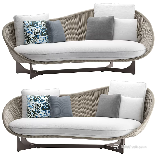 Wicker Outdoor Sofa with White Cushions Gray and Patterned Throw Pillows 3d model