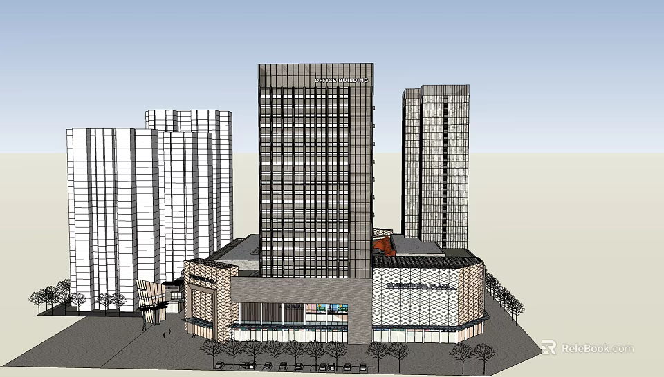 Modern Commercial Complex With High Rise Towers Glass Facade And Retail Area 3d model 