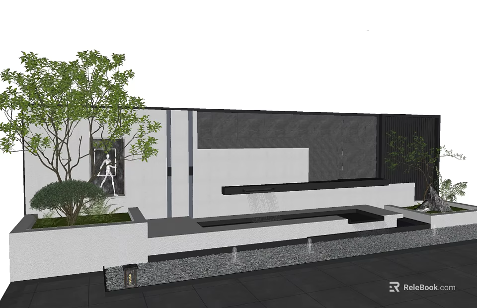 Contemporary Landscape Wall Design With Black Gray White Cladding Stone Bench Trees And Shrubs 3d model 