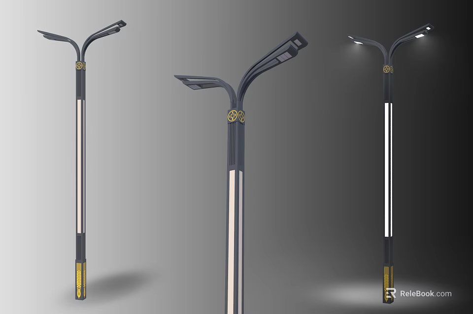 Public Facility Modern Street Light With Metal Pole Decorative Golden Accent And Illuminated Top 3d model 
